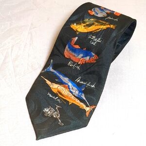 Vintage Renaissance Hand Made Fish Theme Necktie Sea Bass Bluefish Marlin Mullet